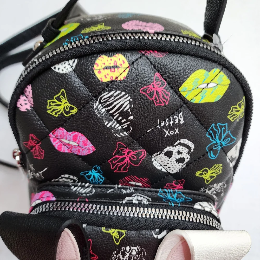 NWT Betsey Johnson Skull Bows Lips Kisses Black Mini Backpack